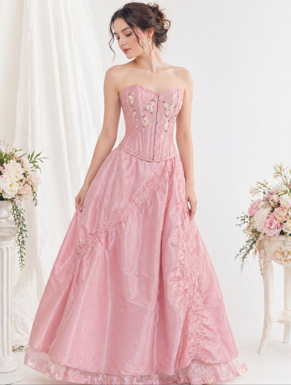 Bridgerton Regencycore Pink Corset Gown Set Blush Satin Full Skirt Coquette Prin